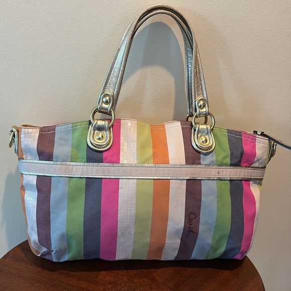 Coach  19026 poppy striped bag tote Crossbody/rhinestone chain add  gold leather - Picture 9 of 17